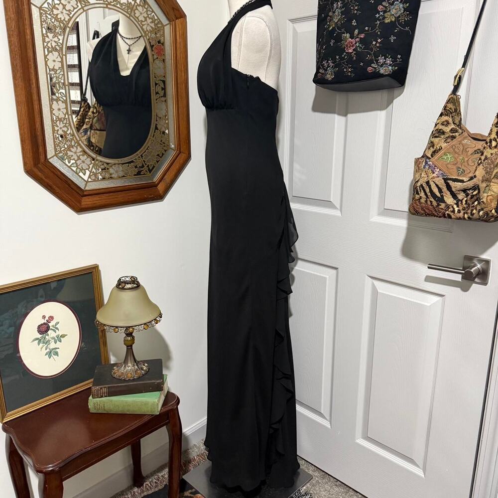 VTG Y2K Betsy & Adam Matte Black Mesh Gothic Ruffled Train Formal Maxi Dress - Picture 3 of 7